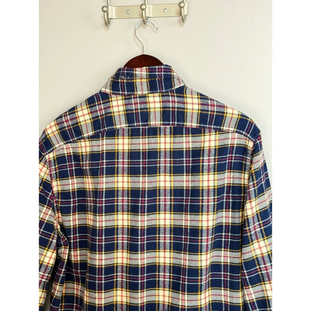 J. Crew Mens Flannel Shirt L Blue Yellow Plaid Cotton‎ Long Sleeve AF877 Y2K